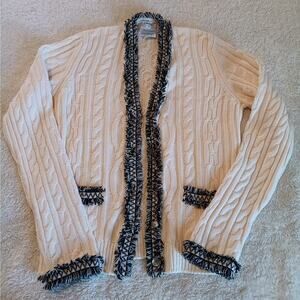 Chanel Cardigan Sweater 40 Small Ivory Cable Knit Fringe Trim Cashmere Cotton